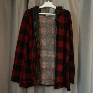 Hooded buffalo check cardigan